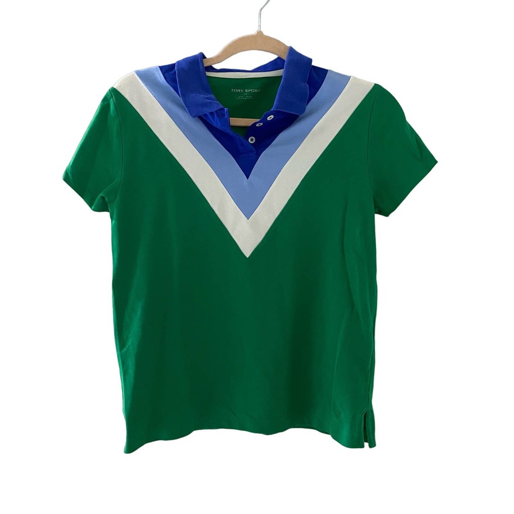 Tory Burch Green Polo with Blue Chevron Detail Golf Polo Sz Small